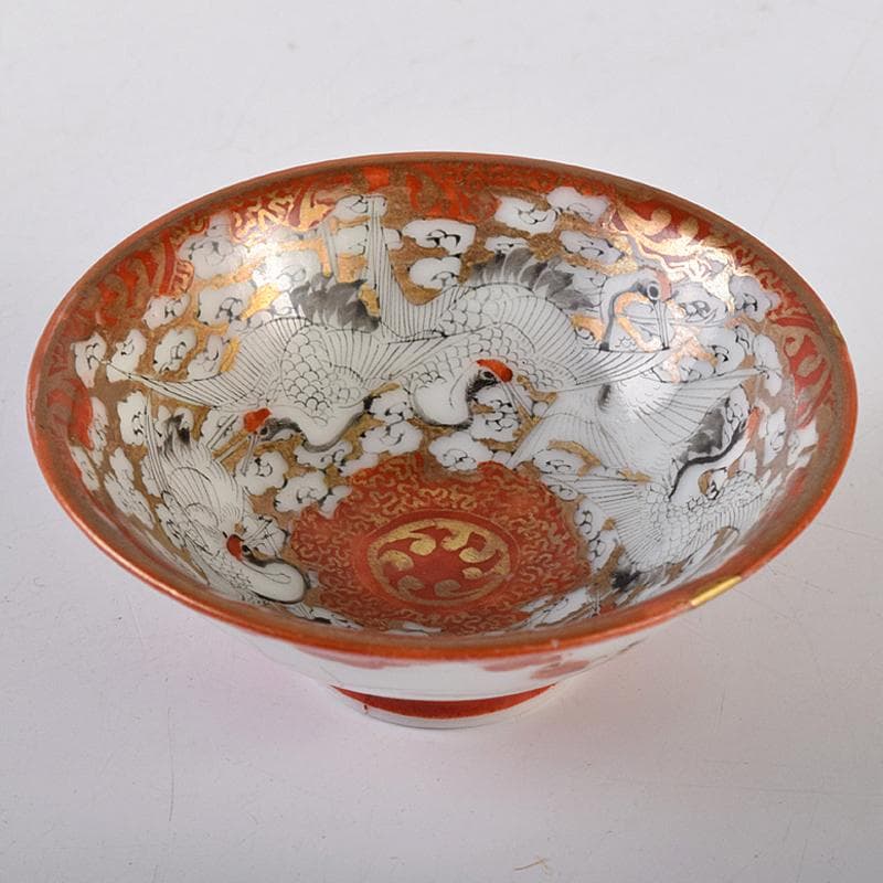 九谷焼　赤絵金彩　鶴雲文　盃　V　R8447