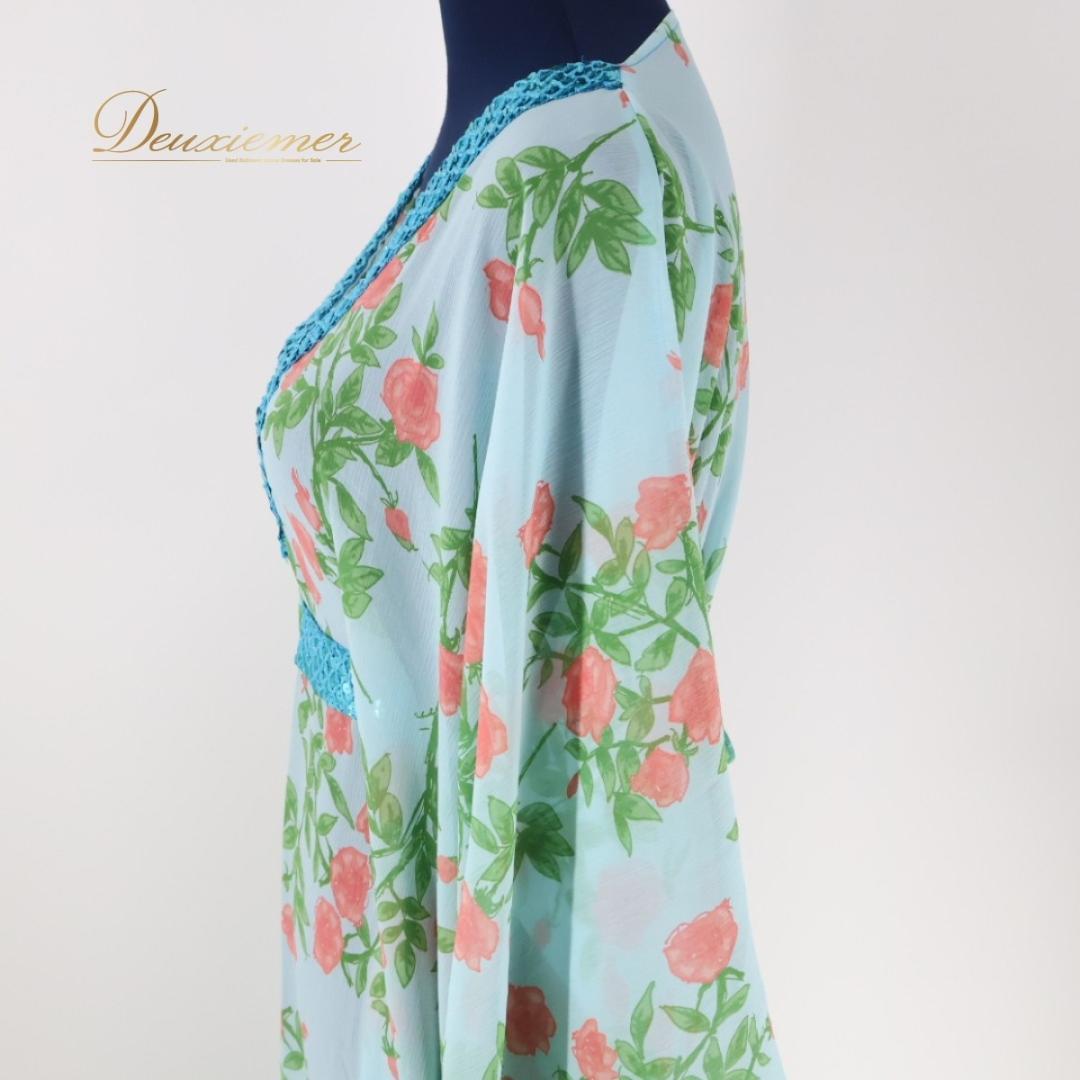 【ベリーダンス用衣装】水色 ガラベーヤ ワンピースドレス ピンク 花柄 ラメ