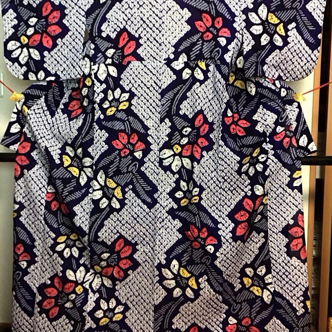 未使用☆本場有松絞り☆誂え浴衣☆藍色☆肩当て・居敷当付☆身丈159☆裄丈67