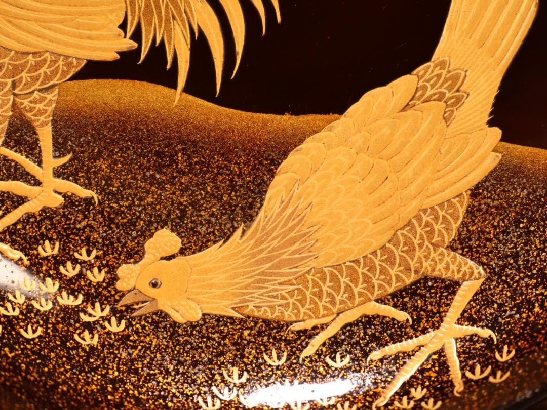 BK415　時代輪島塗　竹鶏図金蒔絵　吸物鶏　二客　木製　茶道具 懐石 会席