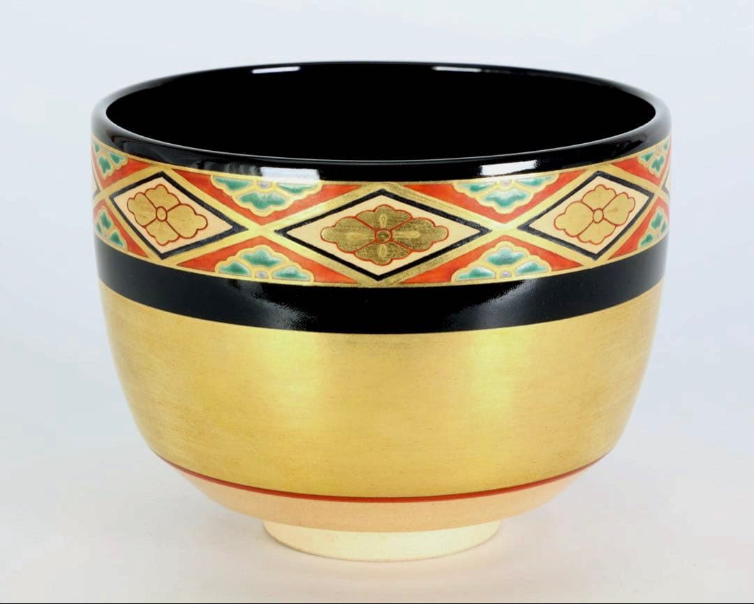 高橋道八 仁清写 色絵花菱之図茶碗 共布 共箱付 京焼 茶道具 抹茶碗 古美術品