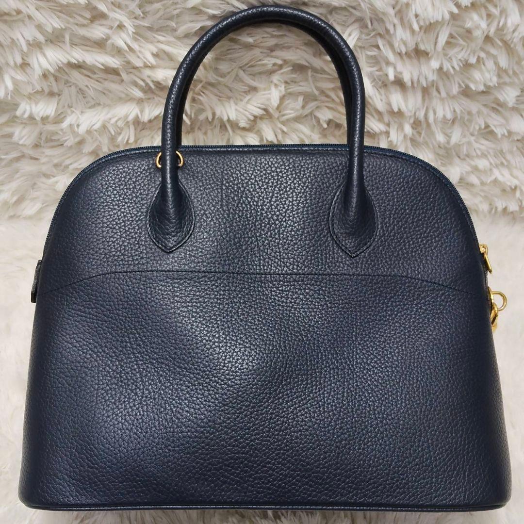 ヘンリーハイクラス レザー 本革 ハンドバッグ 自立 ネイビー 美品