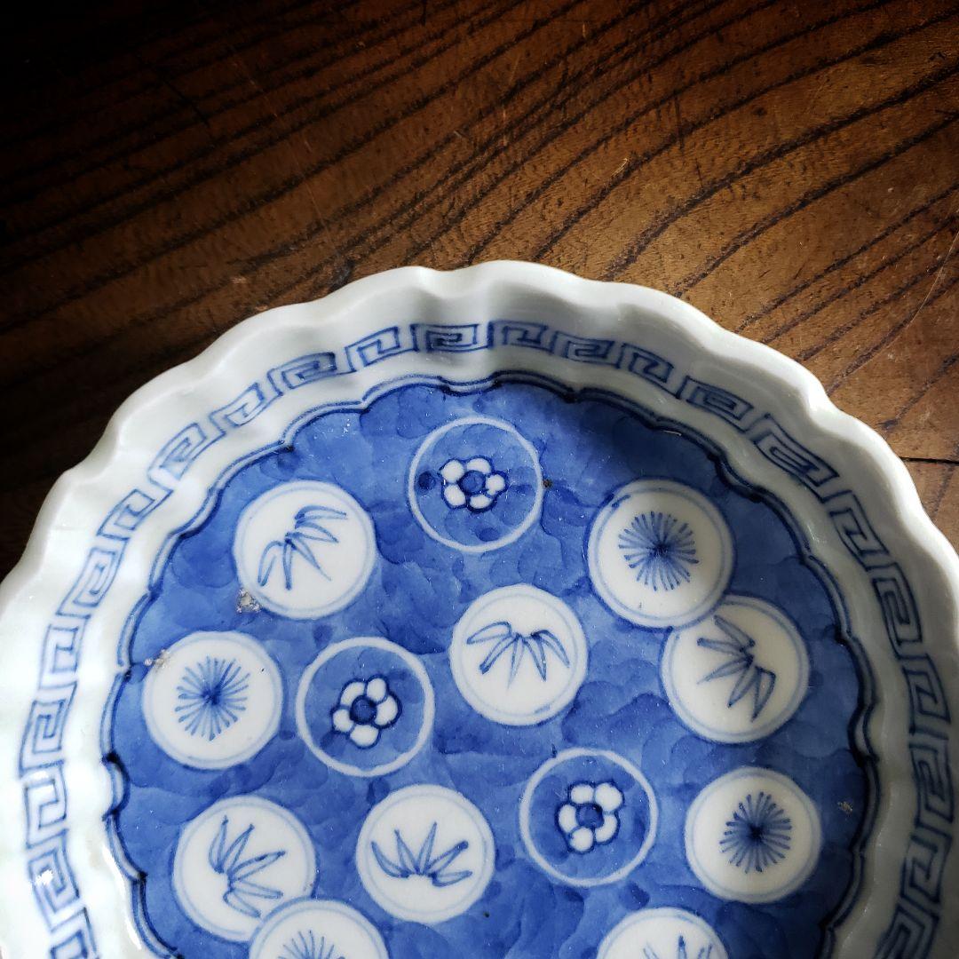 小皿　染付　花弁縁　丸窓　松竹梅　縁文　雷文　訳あり　明治　大正　古伊万里　ロ号