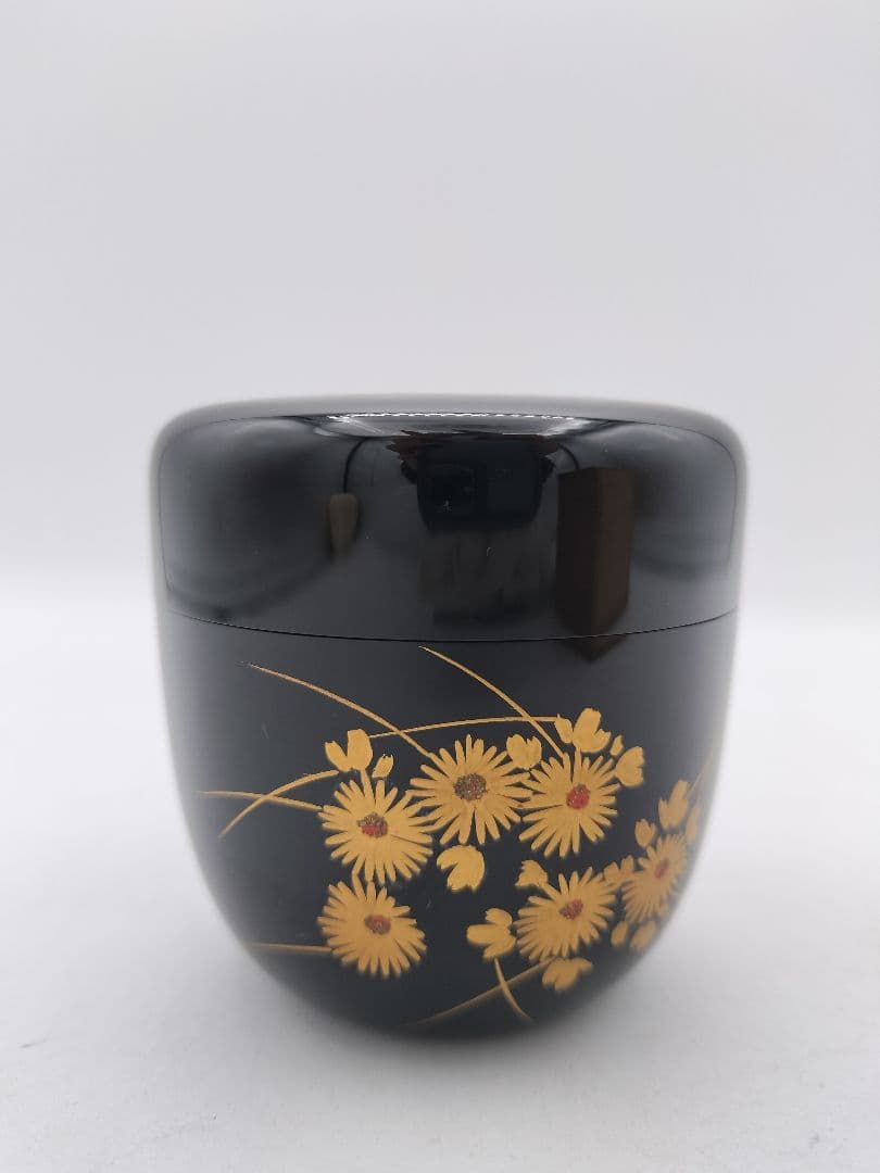 c614 黒中棗 菊蒔絵 岡本陽斎 木箱 茶道具 古物