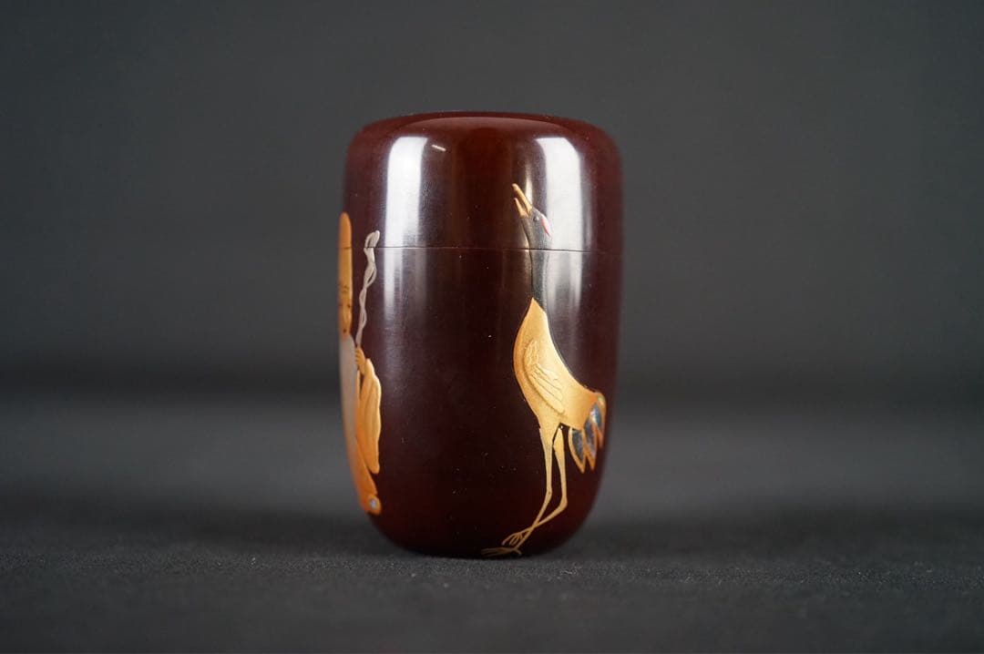 池之浦大起 作 寿老人 鶴亀金銀蒔絵 螺鈿細工 長棗 内梨地 共箱 茶道具