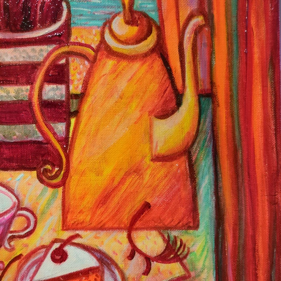 キャンバス油絵　専用　海と砂浜と空が見える窓際のテーブル 　モダンおしゃれアート