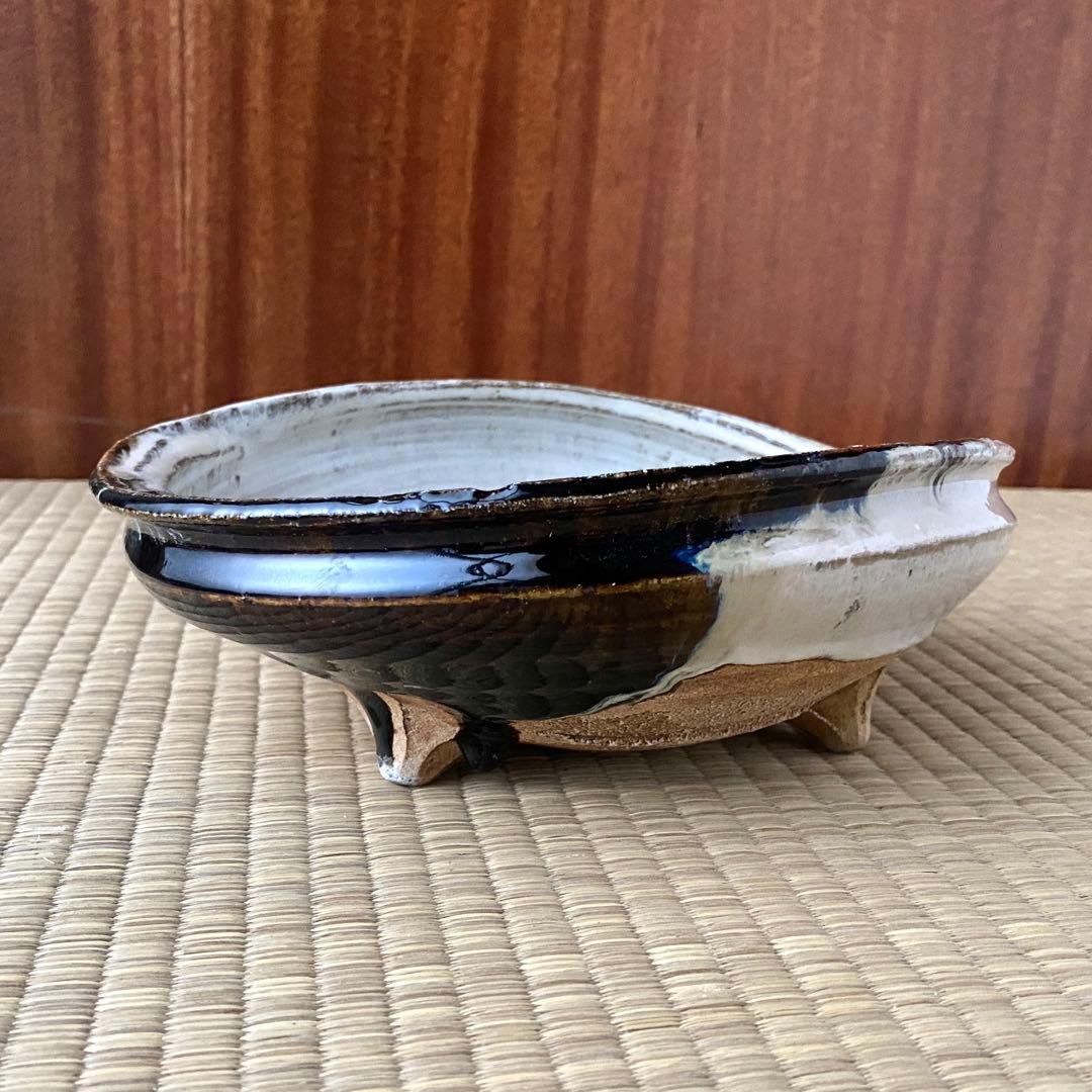 美品 未使用 唐津焼 岡本作礼造 【朝鮮唐津】 鮑型 脚付鉢 共箱