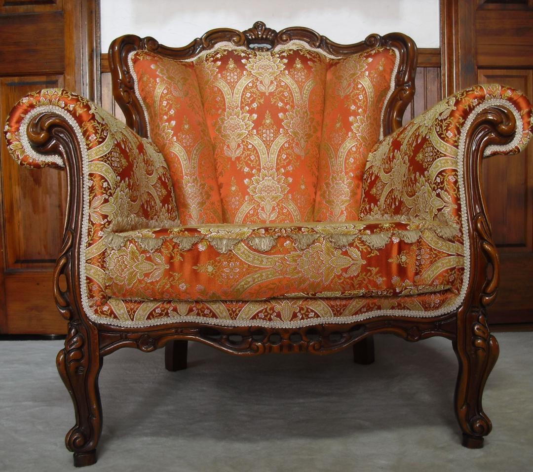 イタリア製 ロココ様式 １Pソファ☆金糸 薔薇 ダマスク柄 張替済み☆猫脚 彫刻