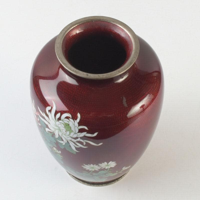 七宝焼　CLOISONNE刻印　赤透四君子文　花瓶　V　9875
