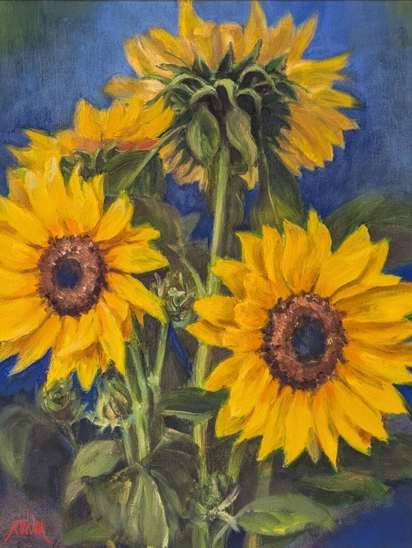 【真作】絵画　油彩6号　陽光に咲く向日葵たち　鮮烈な色彩　力強いタッチ　X145