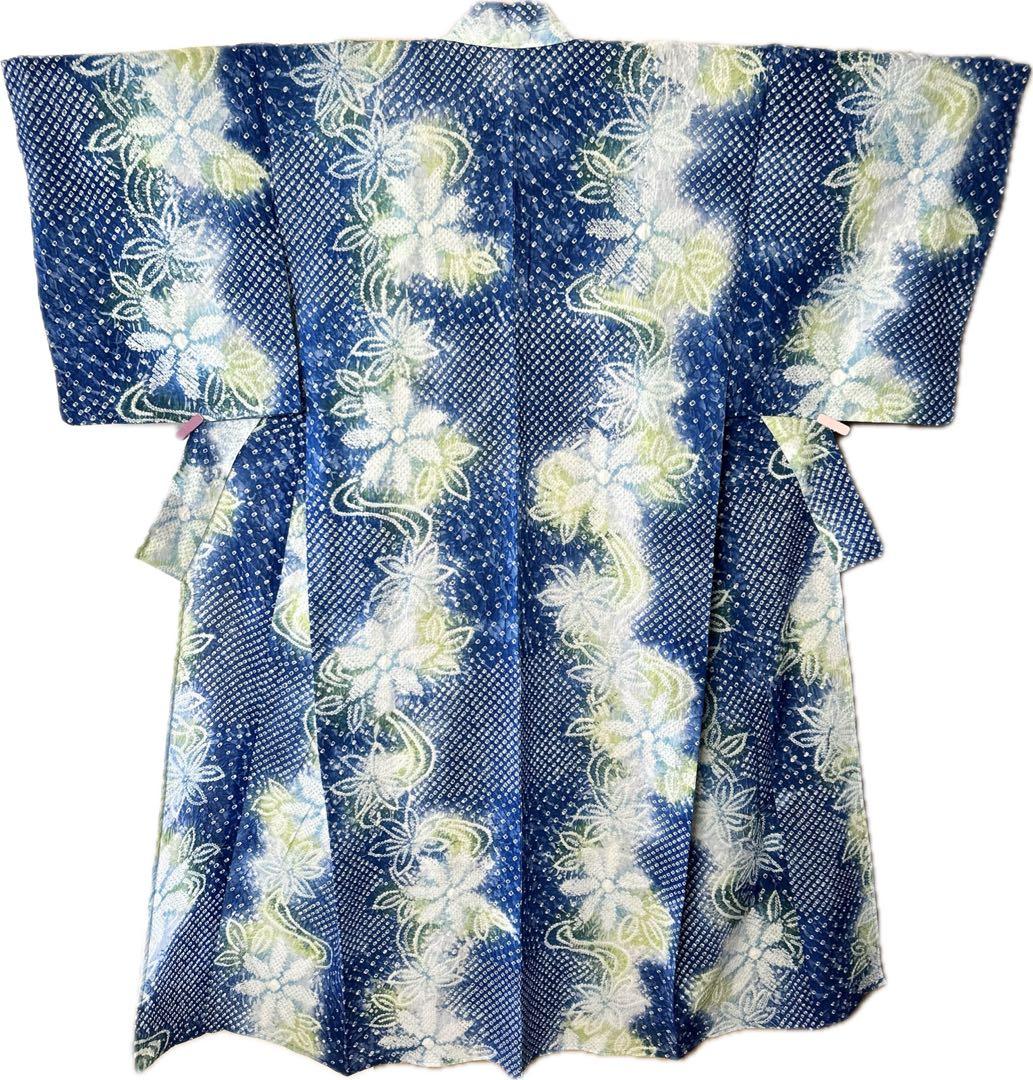 やまと謹製　裄70 有松絞り　絞り浴衣　花柄　藍色×白