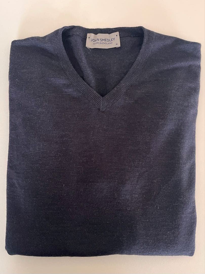 ジョンスメドレー　現行タグ　ニット　メリノウール　ネイビー　M　Vネック