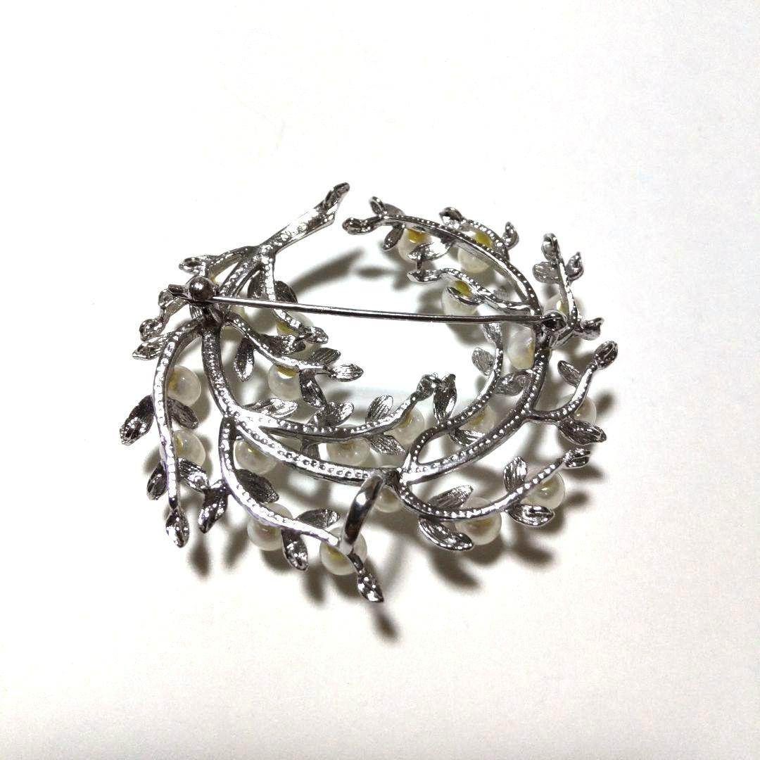 シルバー製 あこや真珠 植物モチーフ ブローチ　美品