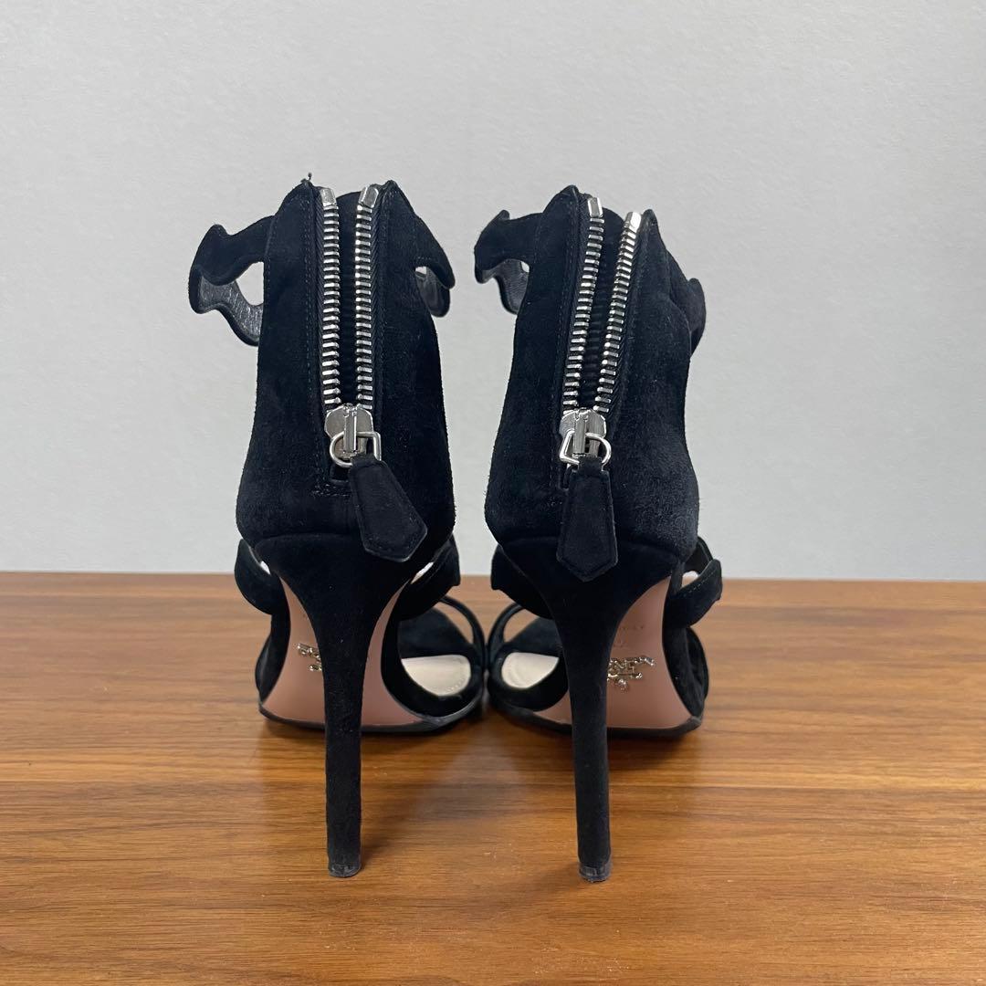【極美品】PRADA★3連スカラップカット　サンダル　ハイヒール　スエード　黒