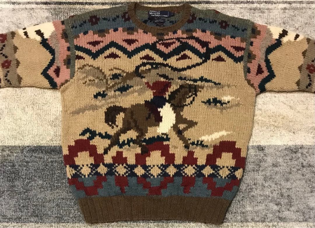超レア カニエウエスト着 90's ラルフローレン カウボーイ柄 ニットセーター