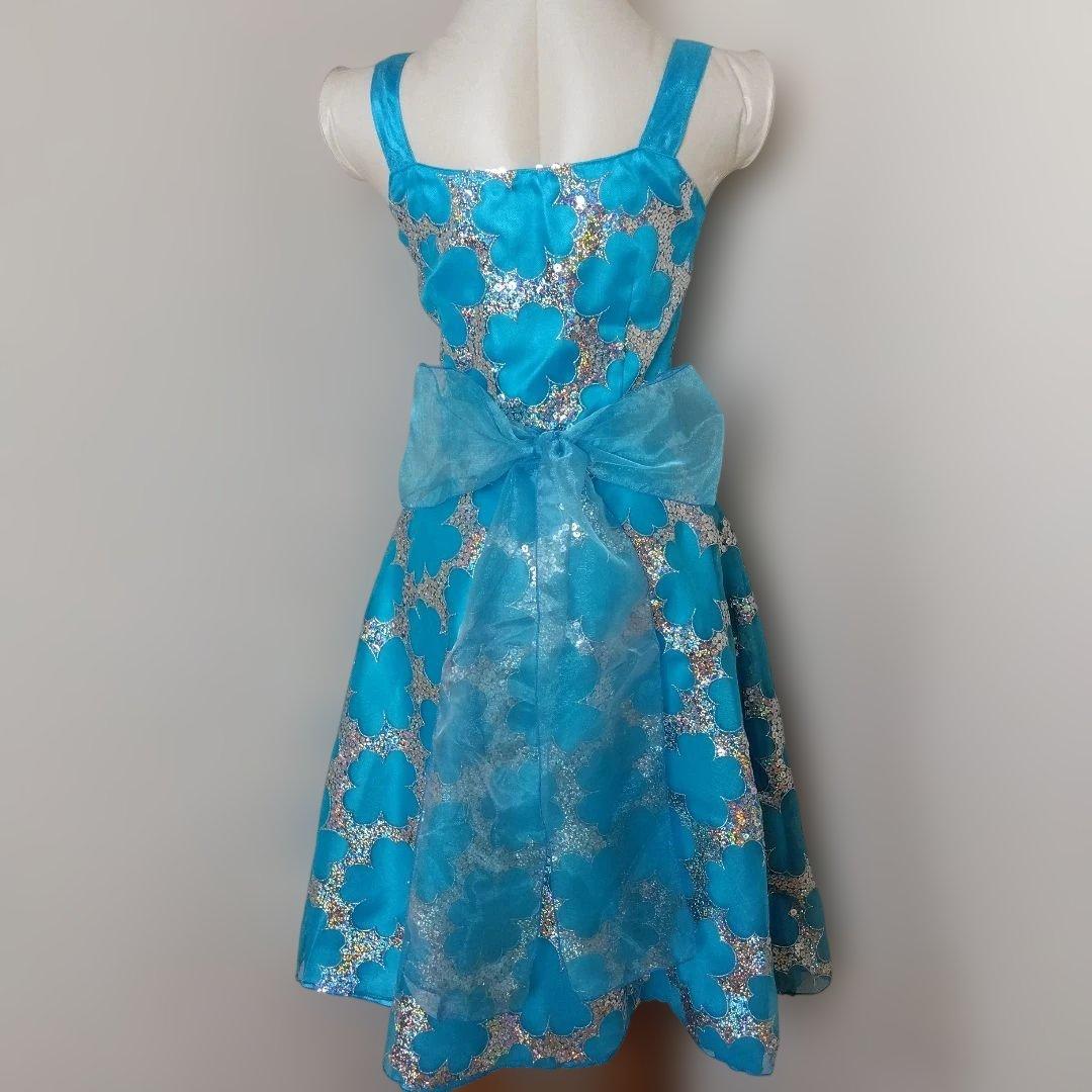 青い花柄ドレス Aライン ノースリーブ