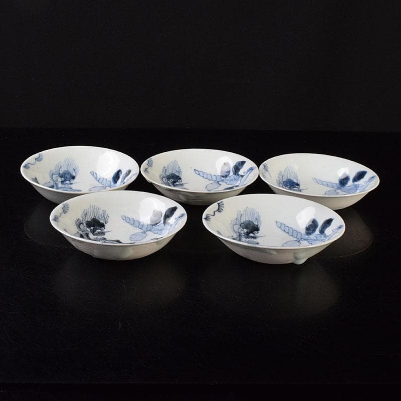 中国　南京染付　神獣文　小皿　豆皿　5客　時代箱付　C　R7810