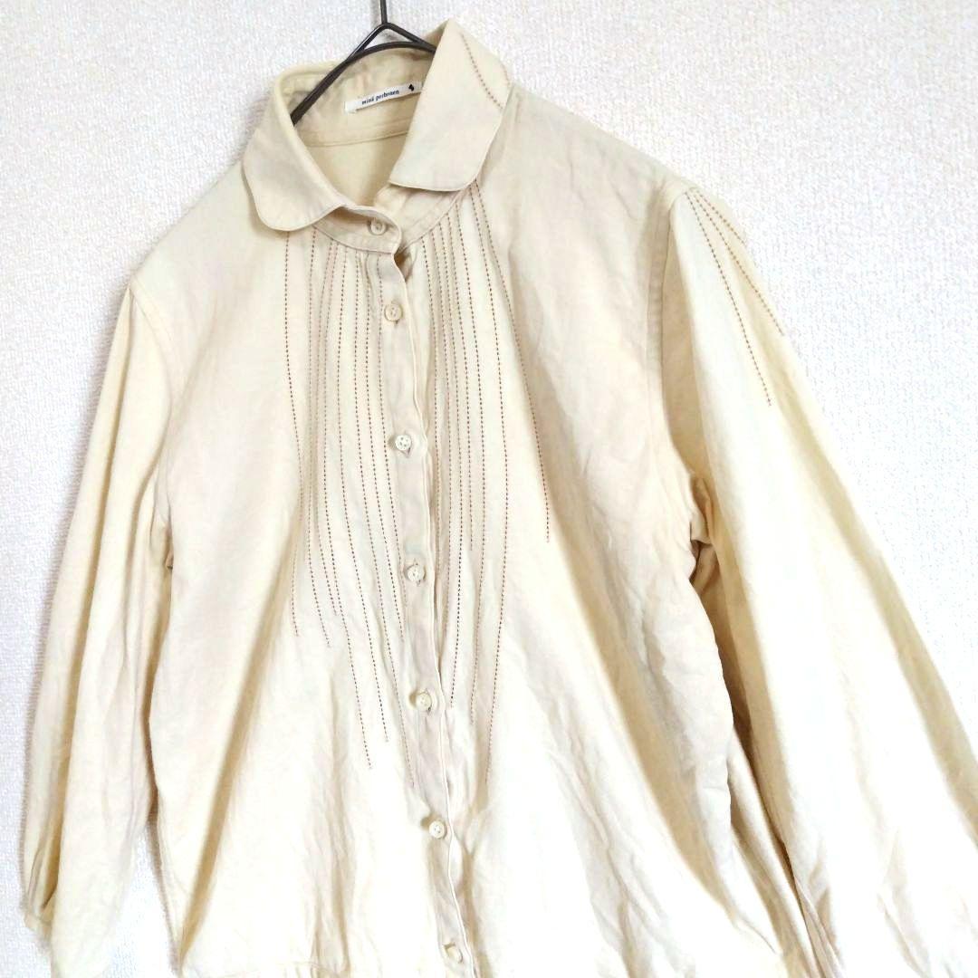 ミナペルホネン　コットンシャツ　ライン　カットワーク刺繍　キナリ　オフホワイト