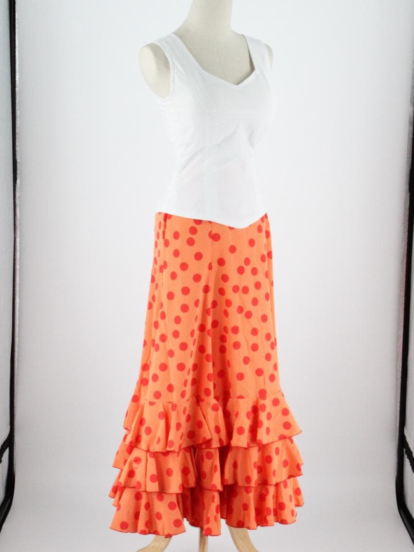 【美品 フラメンコ衣装】鮮やかオレンジ×水玉 ブラウス ファルダ 大判シージョ