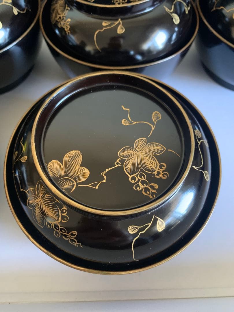 輪島塗　沈金　華の絵　天然木　お碗　蓋付　10客セット　漆器