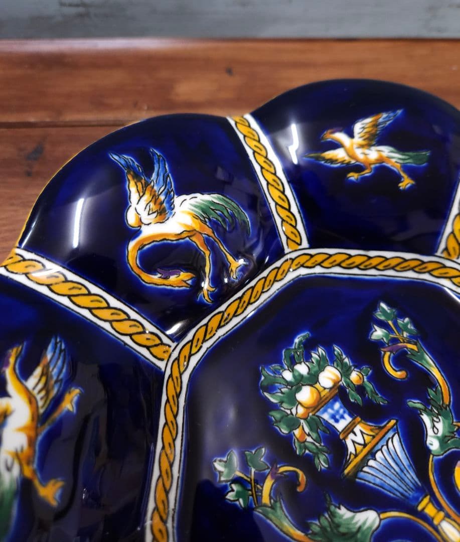 フランスアンティーク Gien ジアン フォンドブルー ルネッサンス プレート