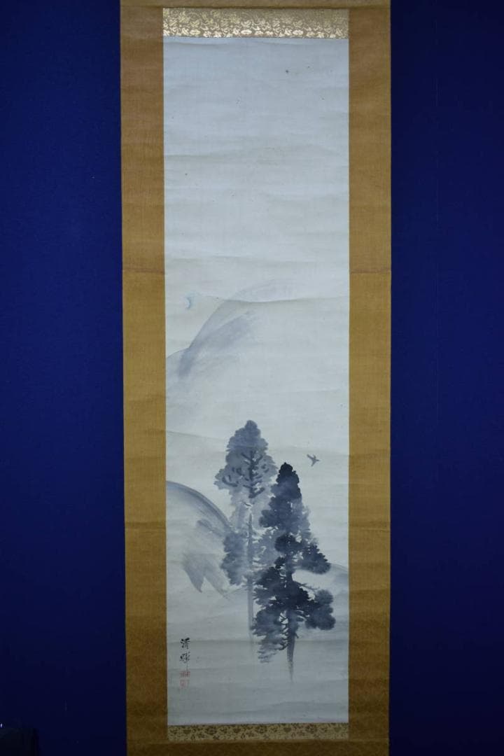 模写/横山清暉/山水小禽図/桐題箱付/布袋屋掛軸HI-453