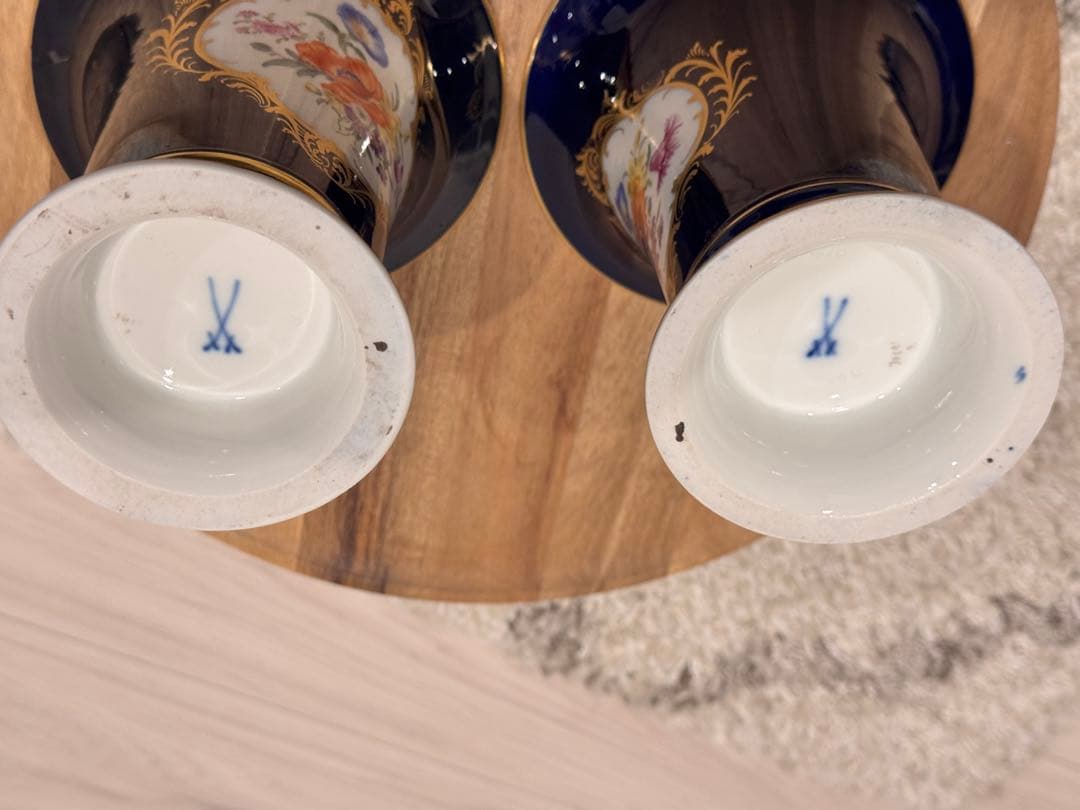 【値下げ】マイセン コバルトブルー 花瓶 ペア 双剣 フラワーブーケ【送料込】