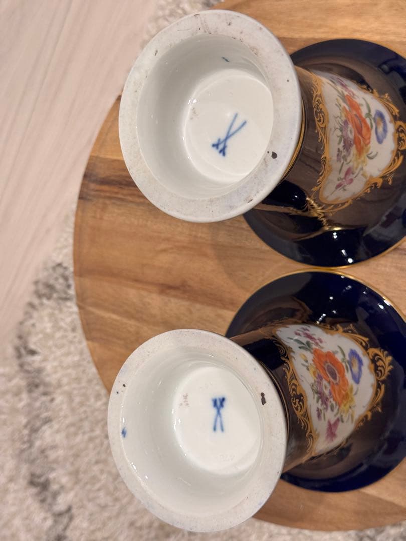 【値下げ】マイセン コバルトブルー 花瓶 ペア 双剣 フラワーブーケ【送料込】