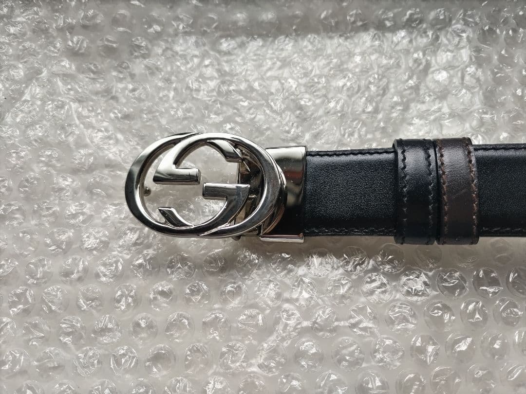 訳あり GUCCI グッチ Ladys ブラックレザー ベルト ダブルGロゴ