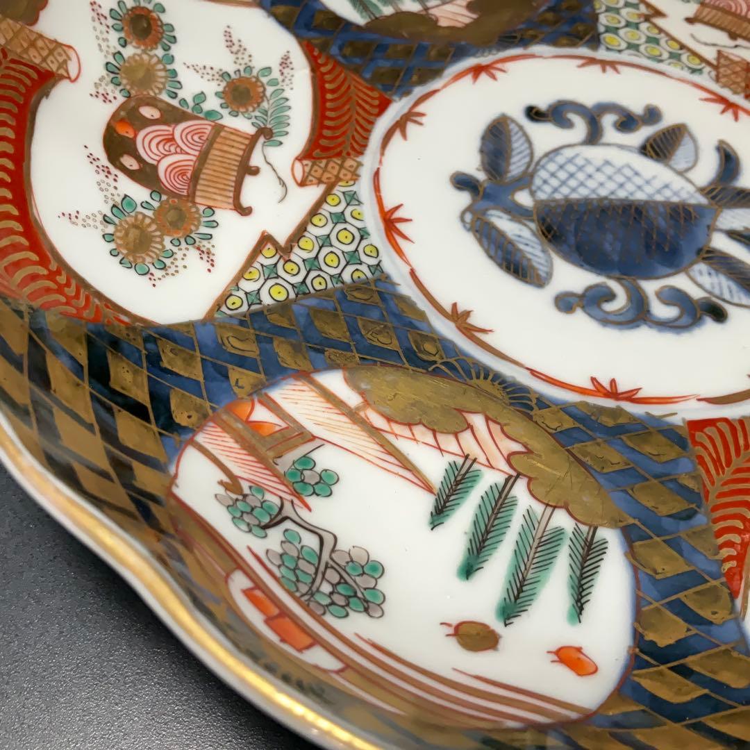 伊万里金襴手花に鳥籠図七寸皿∅21㎝　骨董　古伊万里　通り文　R1355w2B2