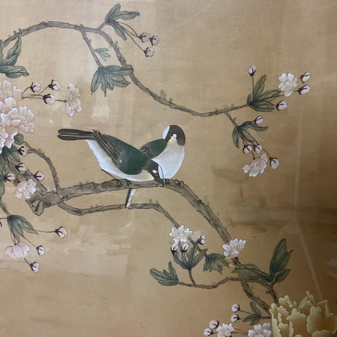 中国画 花鳥図 木枠扁額 【 牡丹に小禽図 】 落款名無 作者不詳