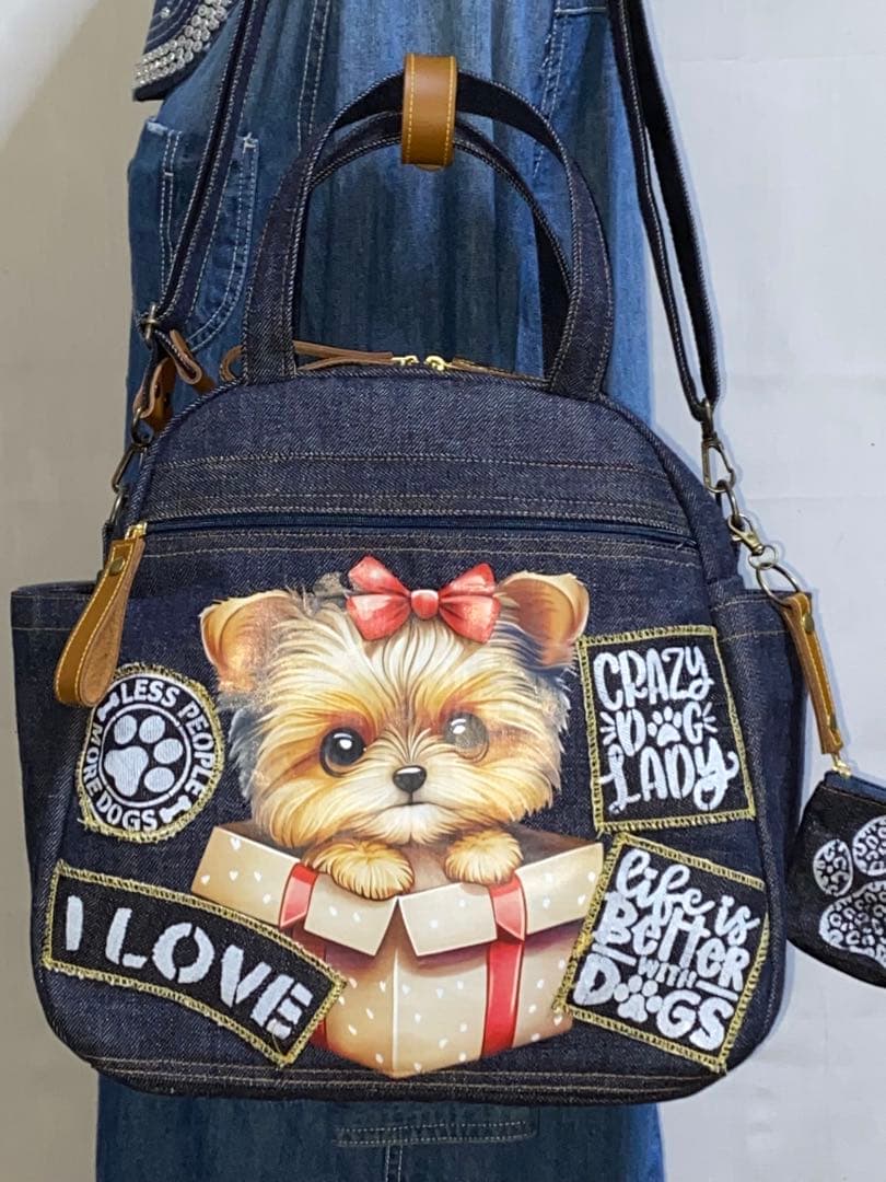 ハンドメイド☆岡山デニム☆☆ヨークシャテリア☆4wayボストンバッグ