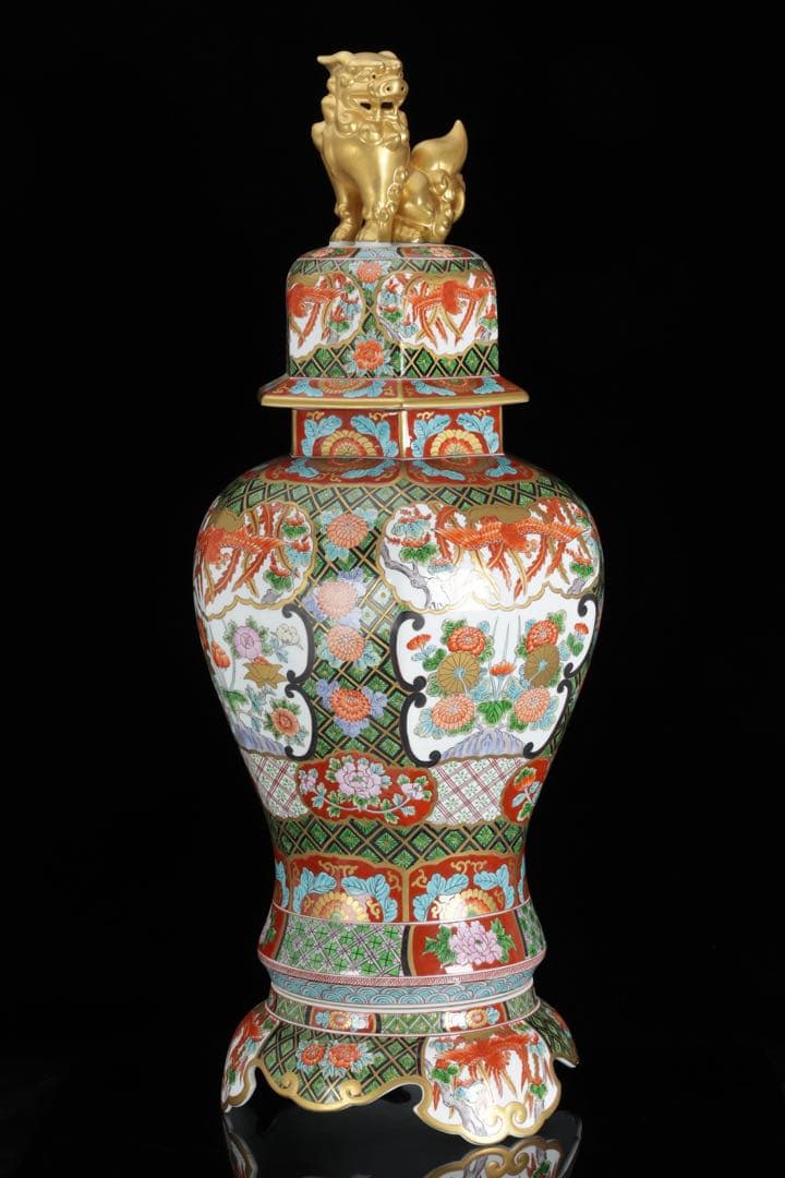 そ*ん様 有田焼 耕右衛門 染錦窓絵鳳凰花尽之図 獅子摘蓋特大三段壺 沈香壺 飾