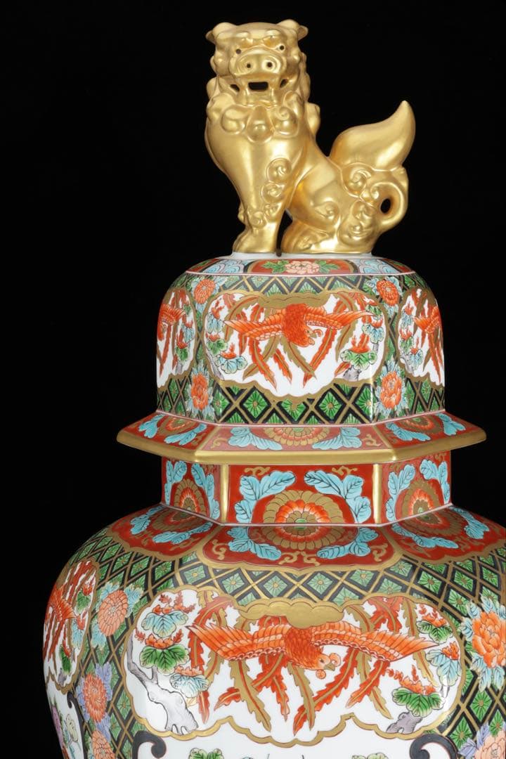 そ*ん様 有田焼 耕右衛門 染錦窓絵鳳凰花尽之図 獅子摘蓋特大三段壺 沈香壺 飾