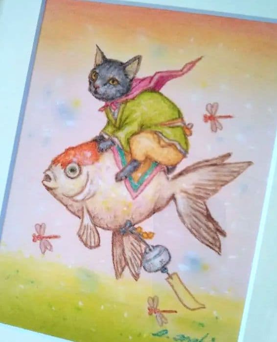 特別価格☆【原画】『夏の終わりの使者』（黒猫　金魚　絵画　手描き　和風　）