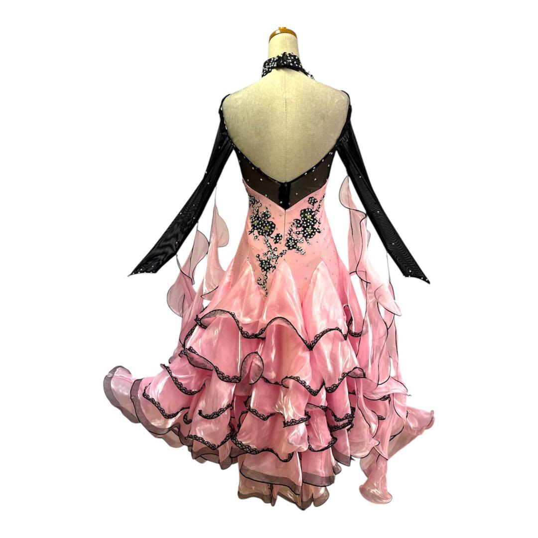 6264★SM ピンク 黒 フリル スタンダードドレス社交ダンス