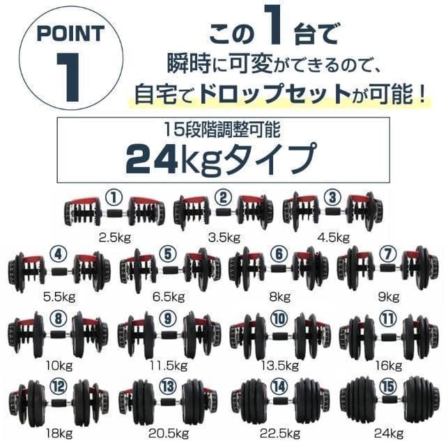 可変式ダンベル 24kg 2個セット 多機能 ダンベルセット