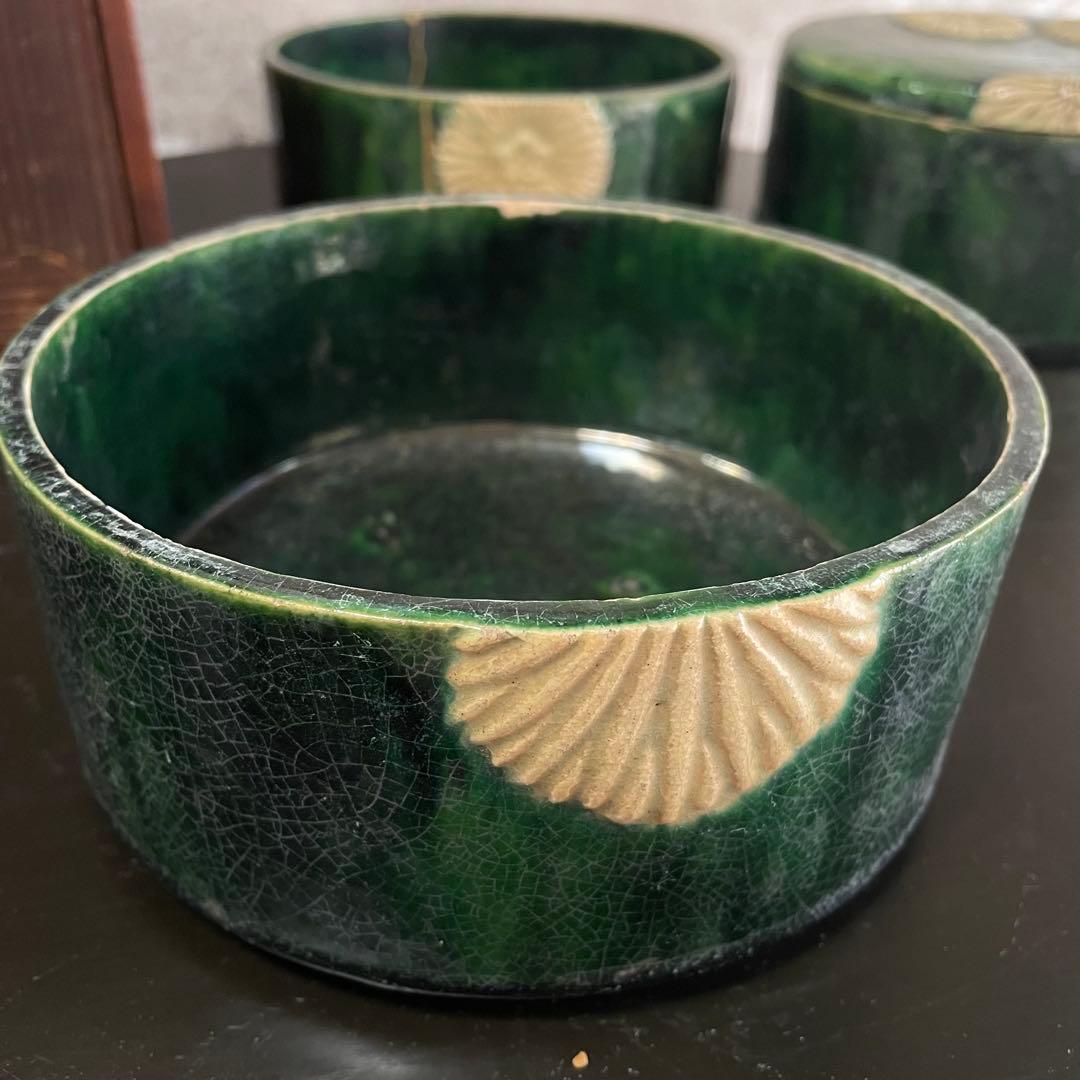 陶器　三段重　アンティーク　骨董品　貫入　金継ぎ　焼物　蓋物