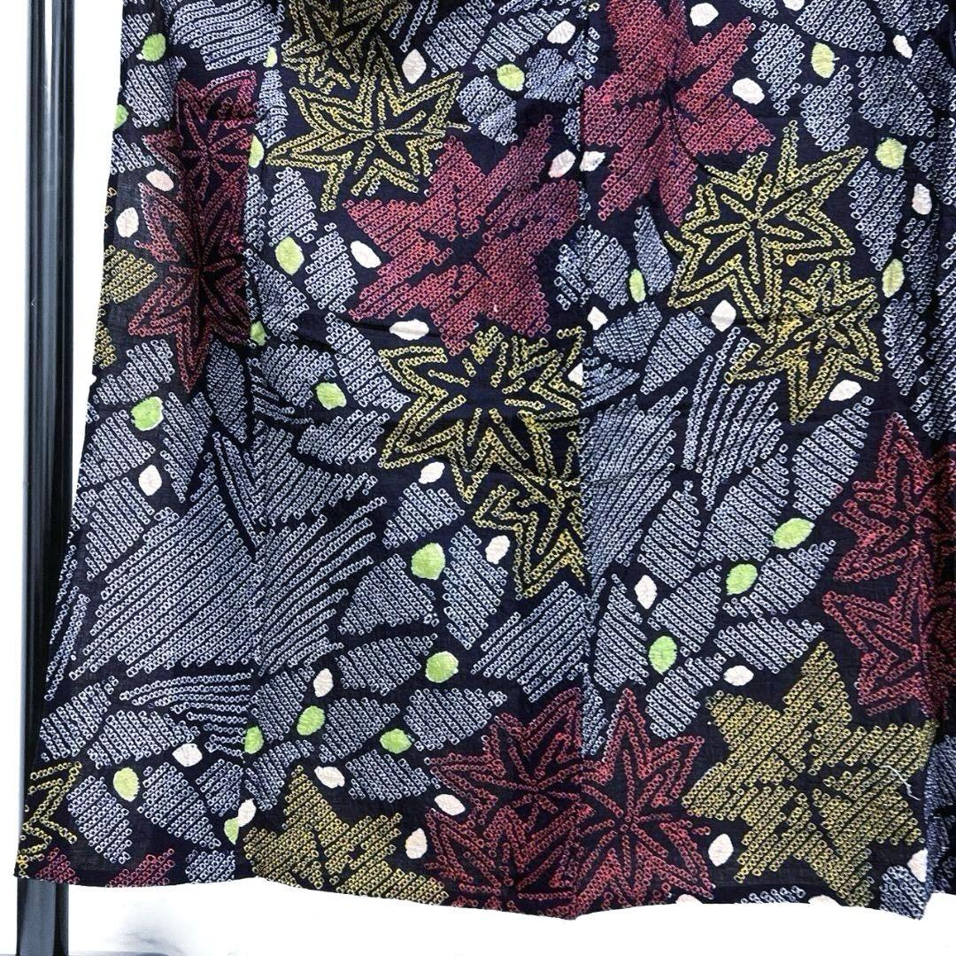 浴衣　有松鳴海絞り　楓　リーフ　ドット　藍染　着物　074a p
