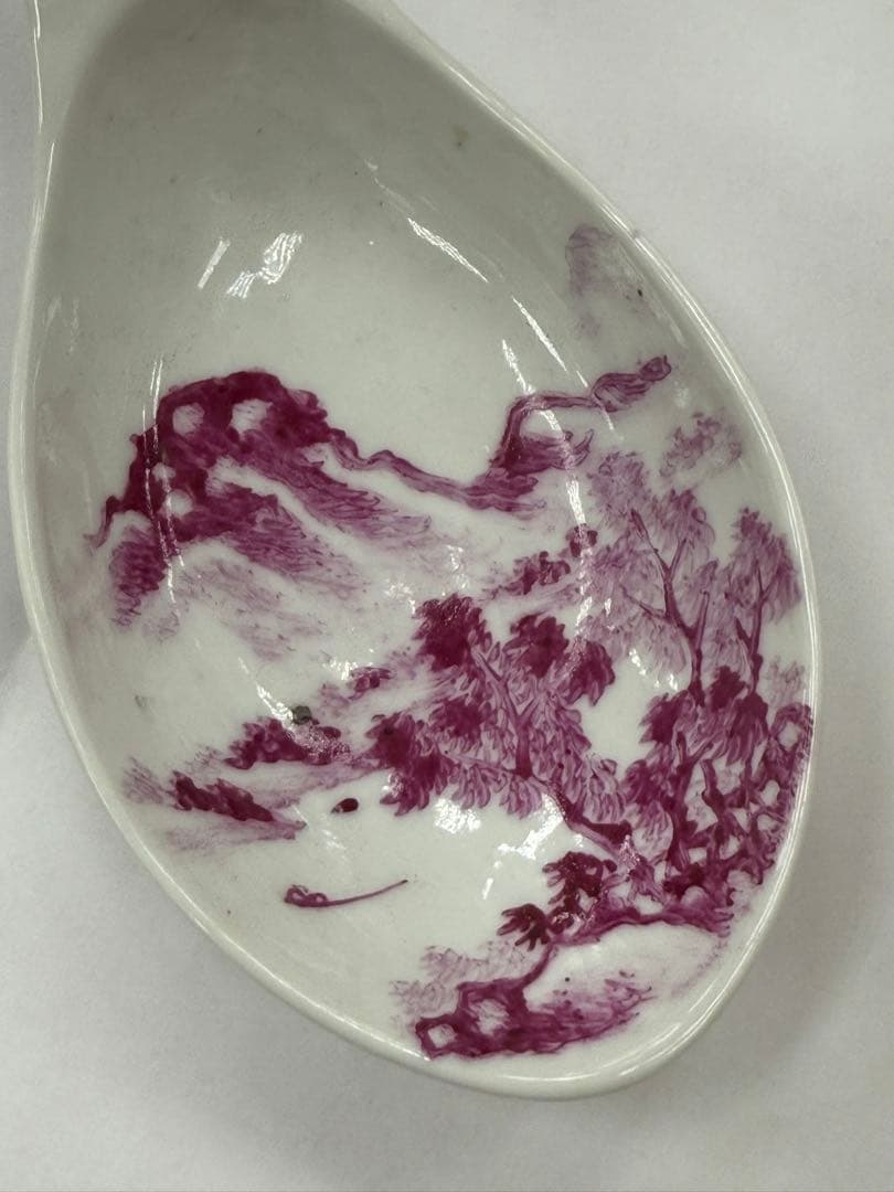 中国　清時代　胭脂紅釉山水紋レンゲ　アンティーク　送料込み250914