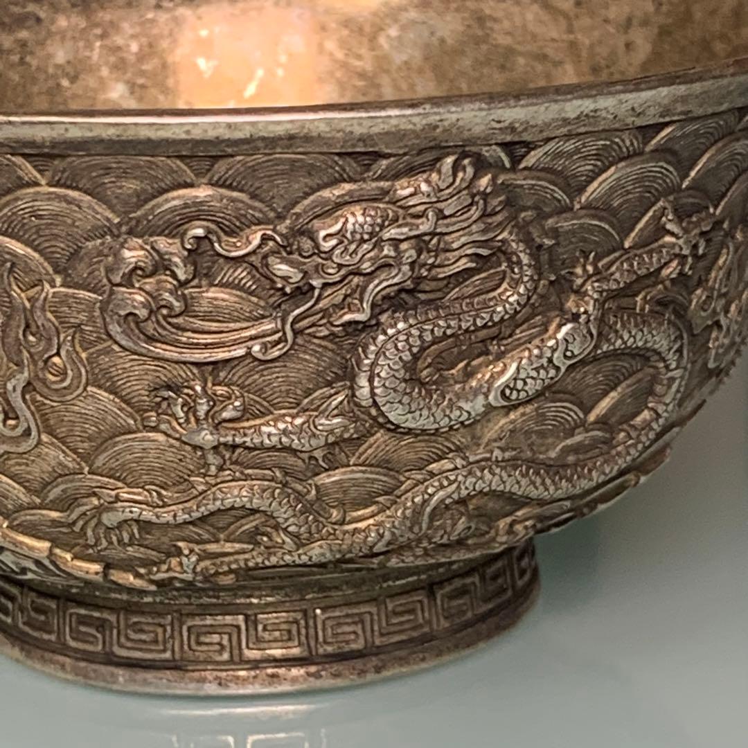 古い彫刻の皿　騰雲銀龍　雙龍戲珠　アンティーク