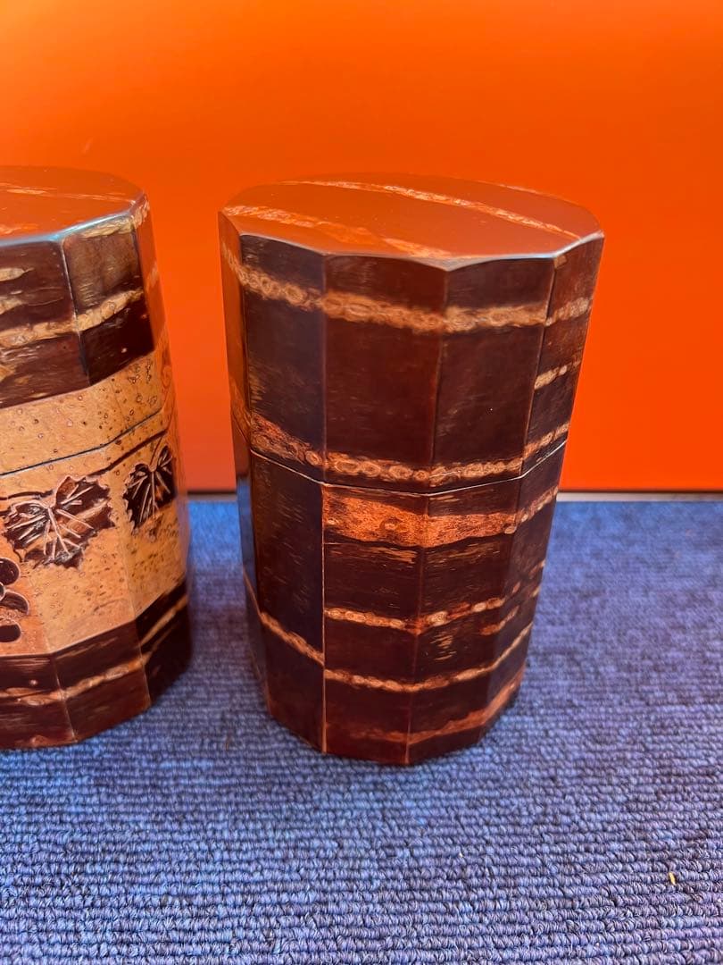 1239 桜皮細工 茶筒 3客　八角　木地　本けやき　未使用