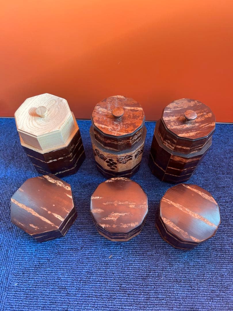 1239 桜皮細工 茶筒 3客　八角　木地　本けやき　未使用