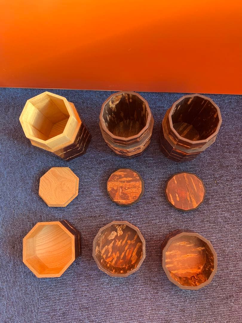 1239 桜皮細工 茶筒 3客　八角　木地　本けやき　未使用