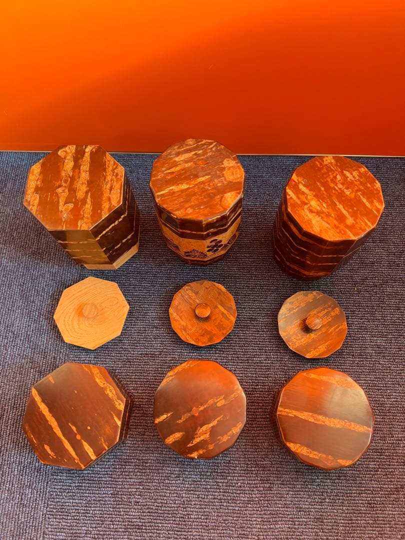 1239 桜皮細工 茶筒 3客　八角　木地　本けやき　未使用